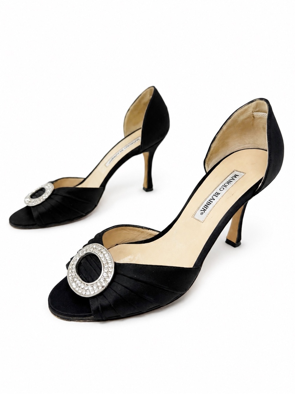 Manolo Blahnik Sedaraby Black Satin Crystal D’Orsay Peep Toe Heels EU 36